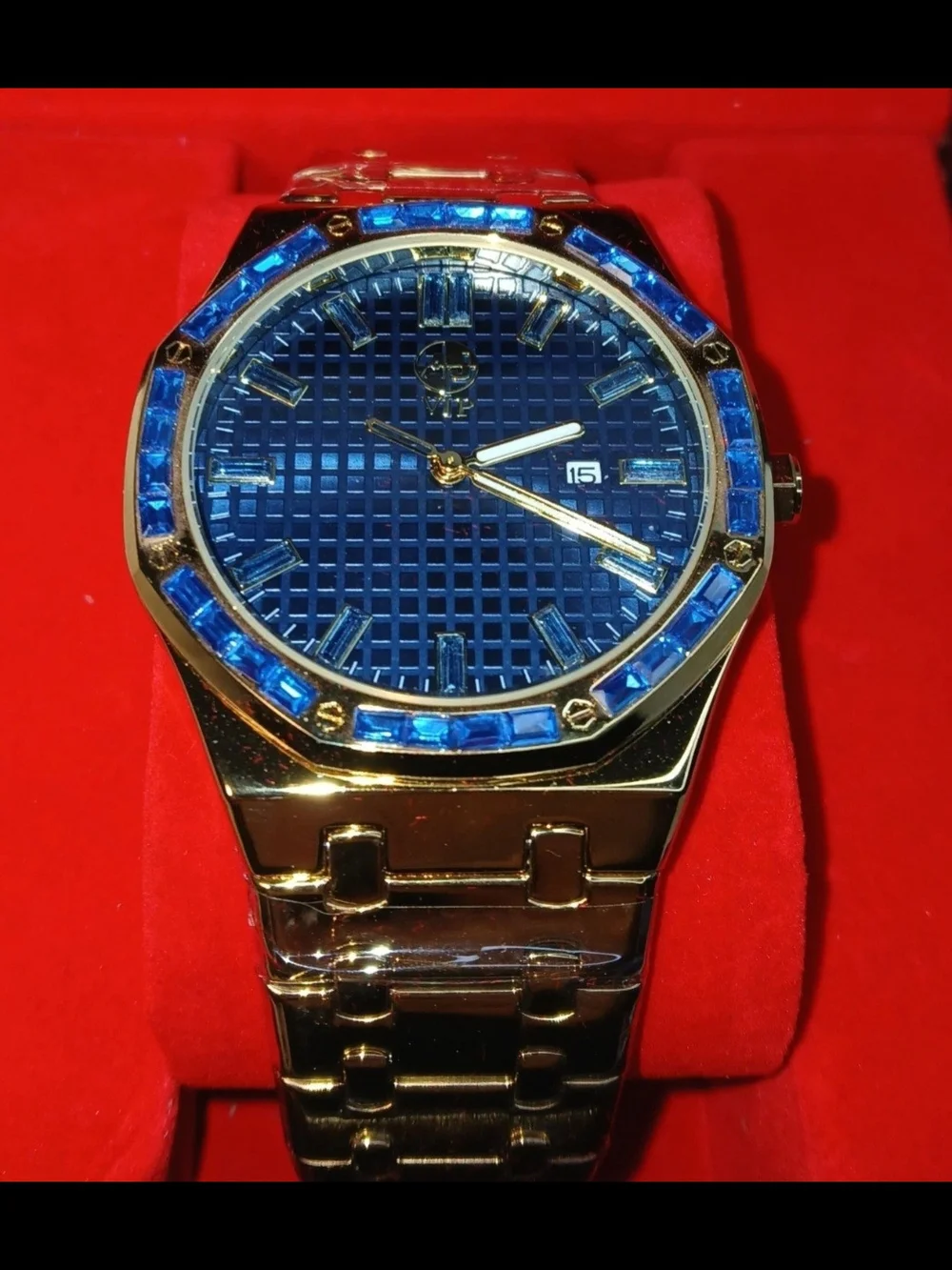 AJ VIP High Quality Mens Gold Tone Watch Blue Bezel Dial Date New With Box Tag